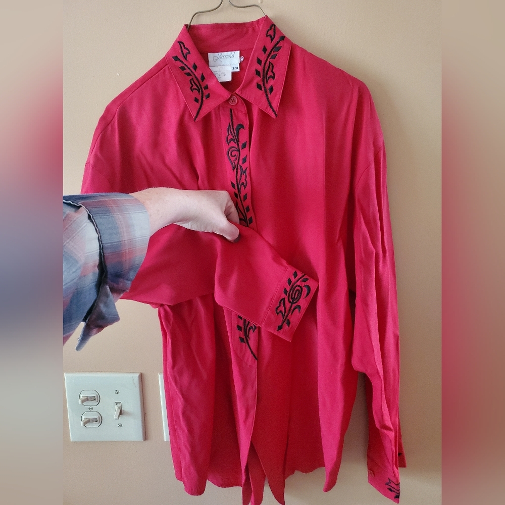 Vintage ladies blouse red with black embroidery detail on collar and cuffs